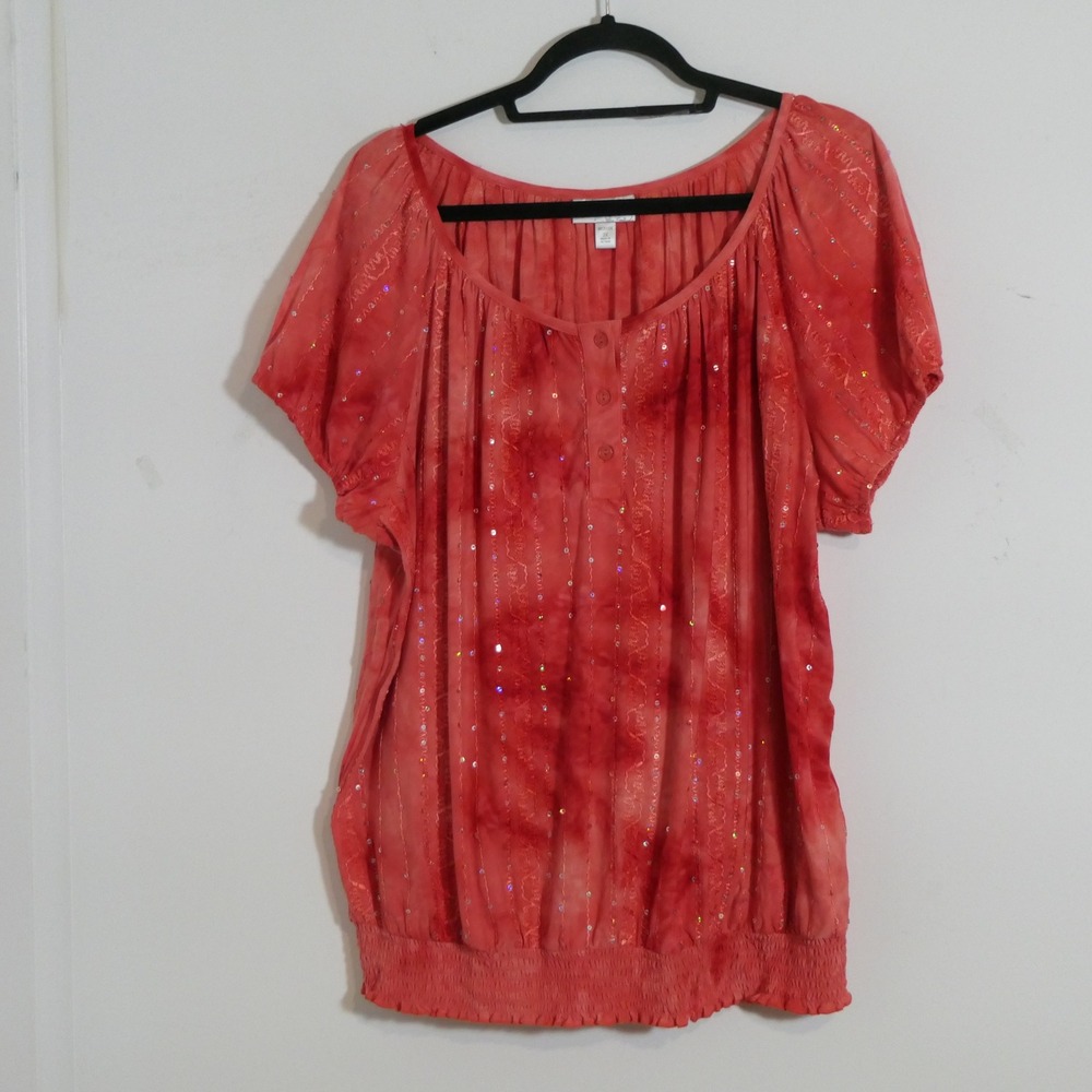 Dressbarn Womens Blouse 2X Salmon Sequin Tie Dye Boho Smocked Peasant Feminine